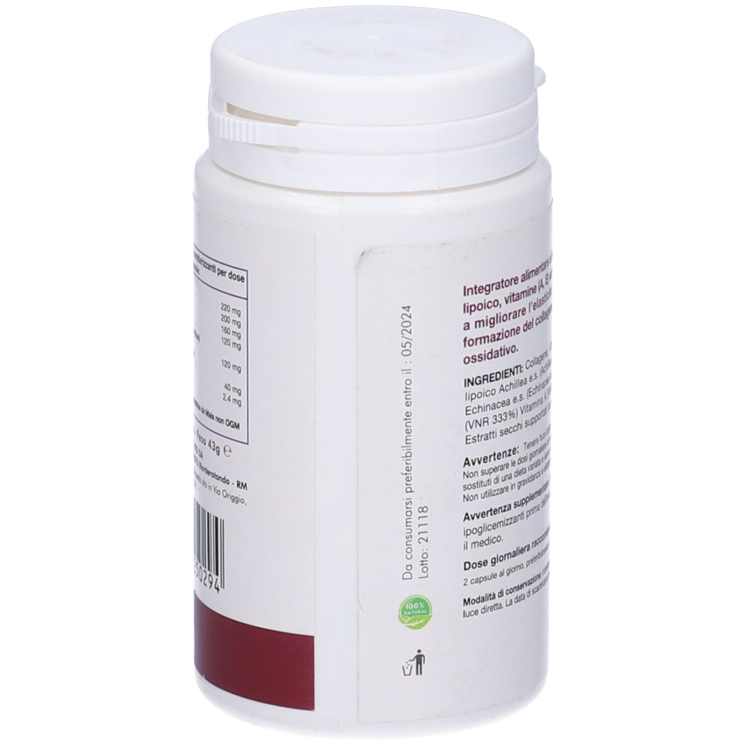 Flacone bianco. Striscia rossa. Scadenza 05/2024. Logo verde.