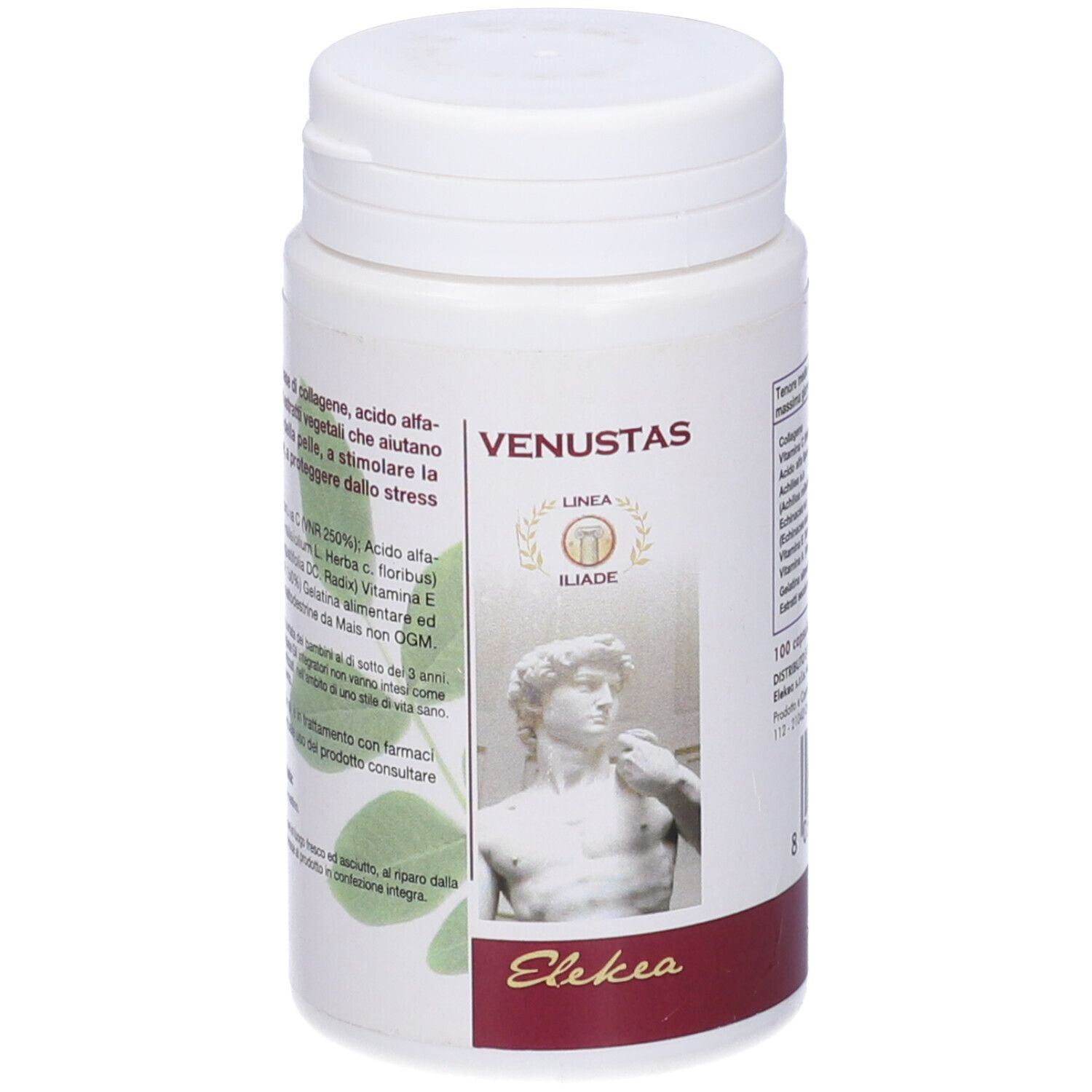 Flacone bianco Venustas con immagine statua. Striscia rossa. 100 capsule.