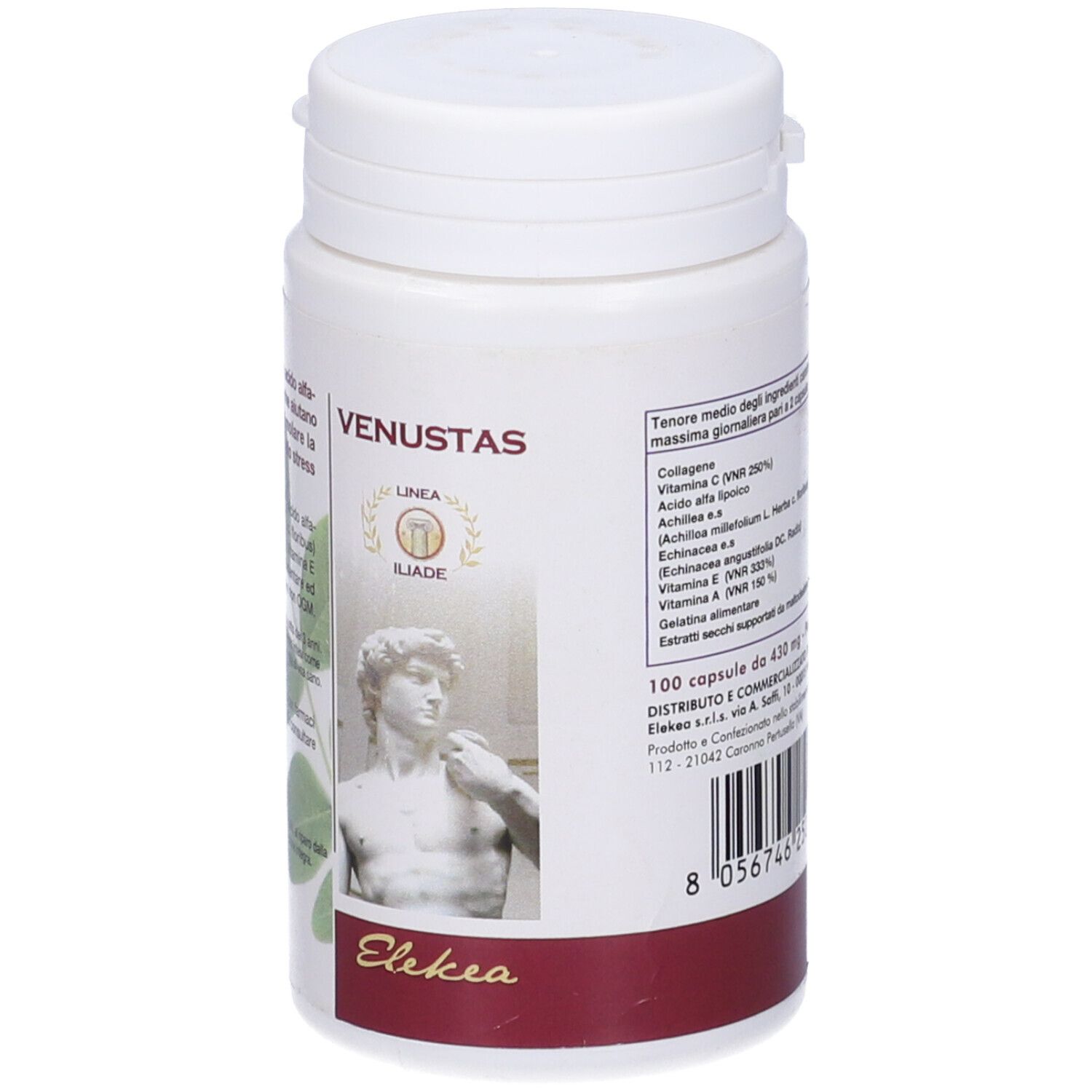 Flacone bianco Venustas con immagine statua. Striscia rossa. 100 capsule.