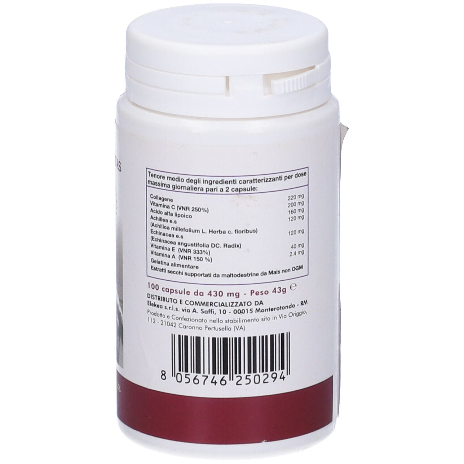 Flacone bianco con testo. Striscia rossa. Lista ingredienti e avvertenze.