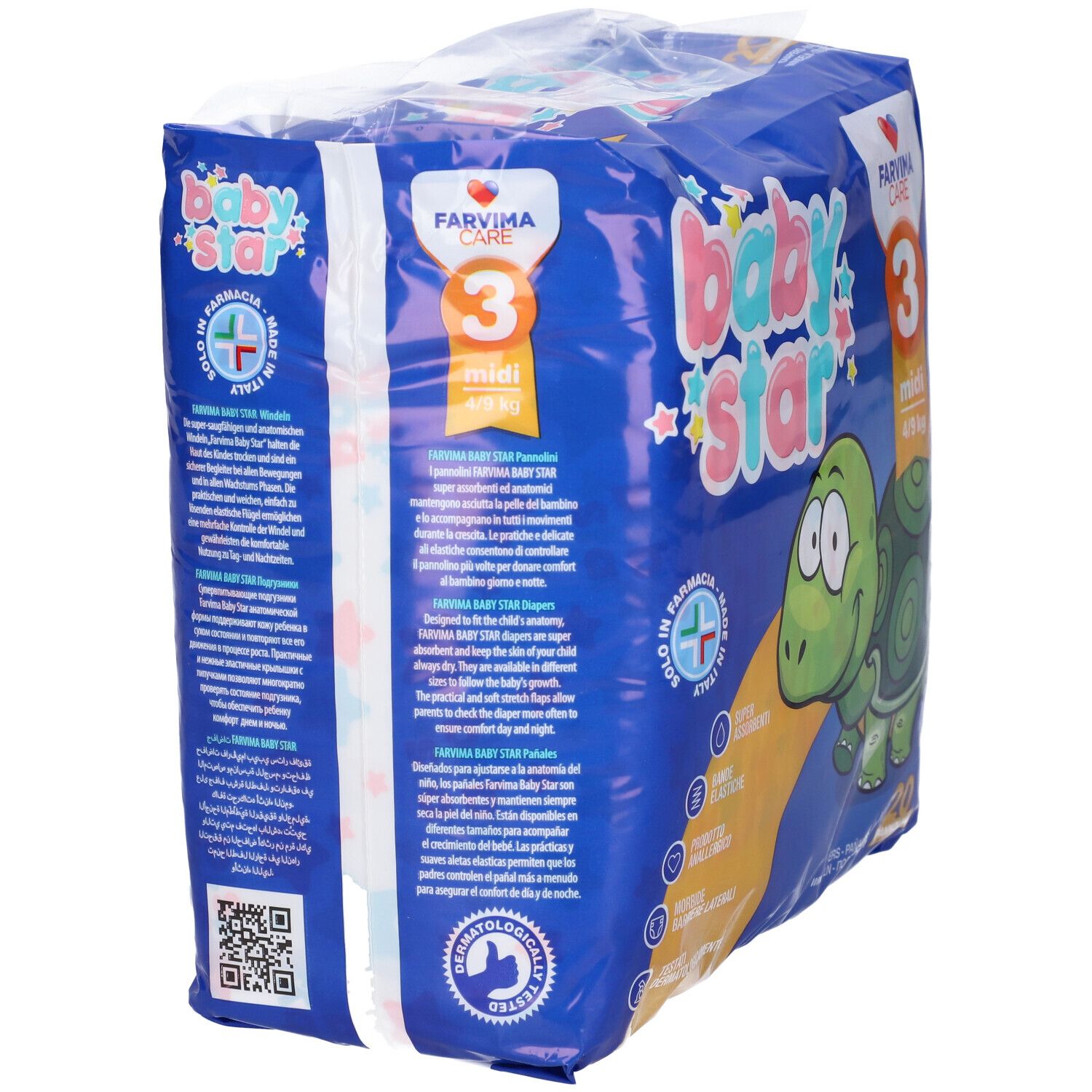 Confezione di pannolini Baby Star blu, con logo e illustrazione di tartaruga. Retro con testo e codice QR.