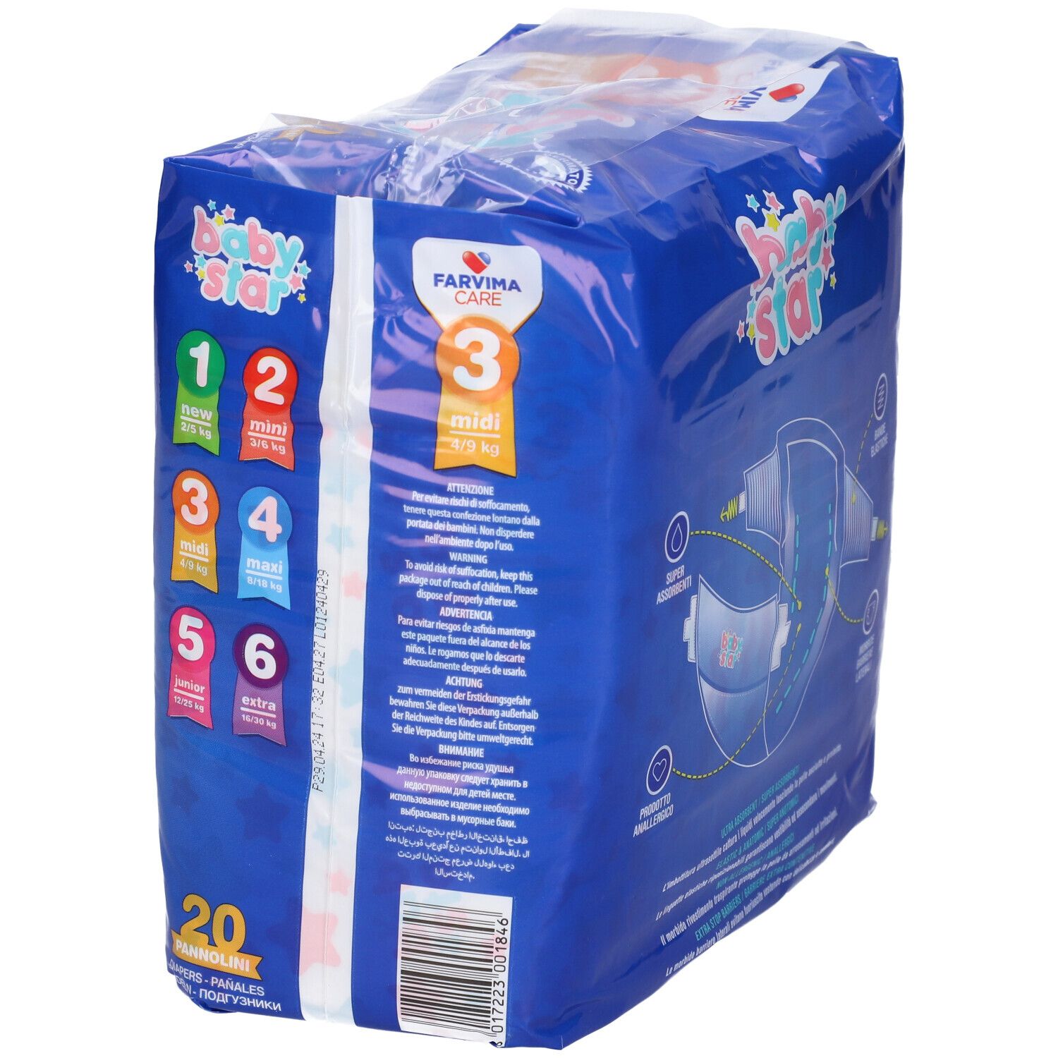 Confezione di pannolini Baby Star blu con logo e testo. Retro con indicazioni taglie e testo. 20 pezzi.