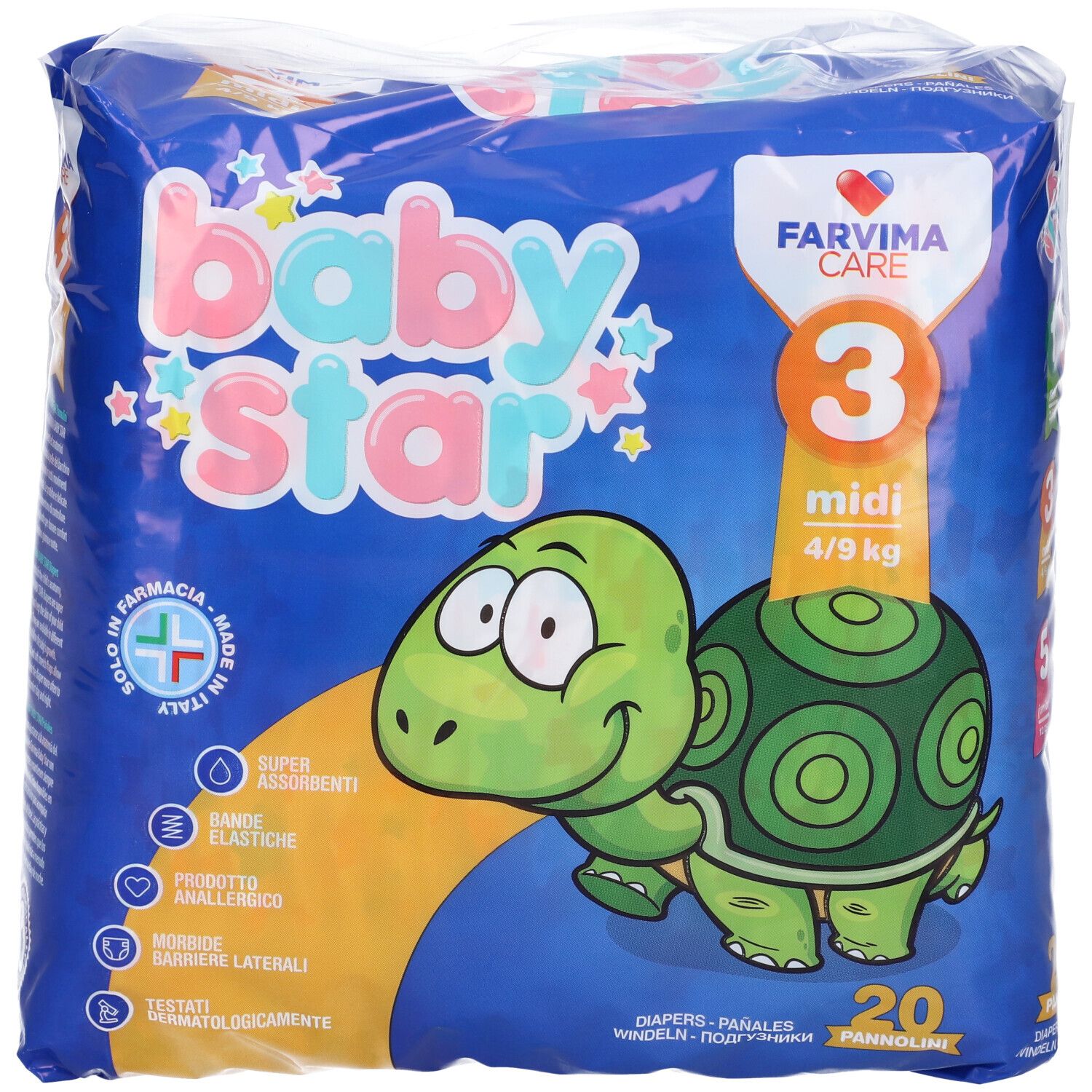 Confezione di pannolini Baby Star blu con logo, illustrazione di tartaruga e scritta "3 midi 4/9 kg". 20 pezzi.