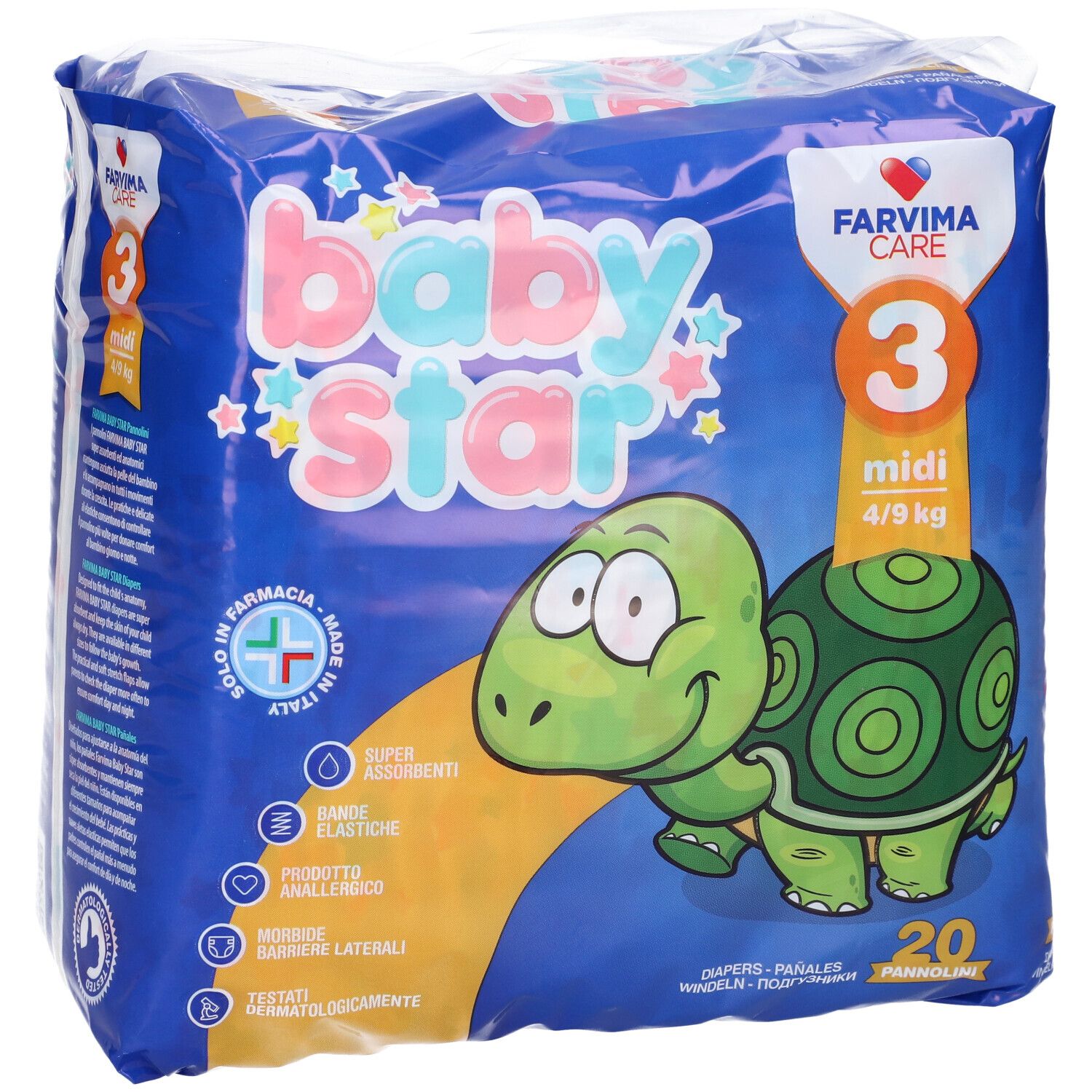 Confezione di pannolini Baby Star blu con logo, illustrazione di tartaruga e scritta "3 midi 4/9 kg". 20 pezzi.
