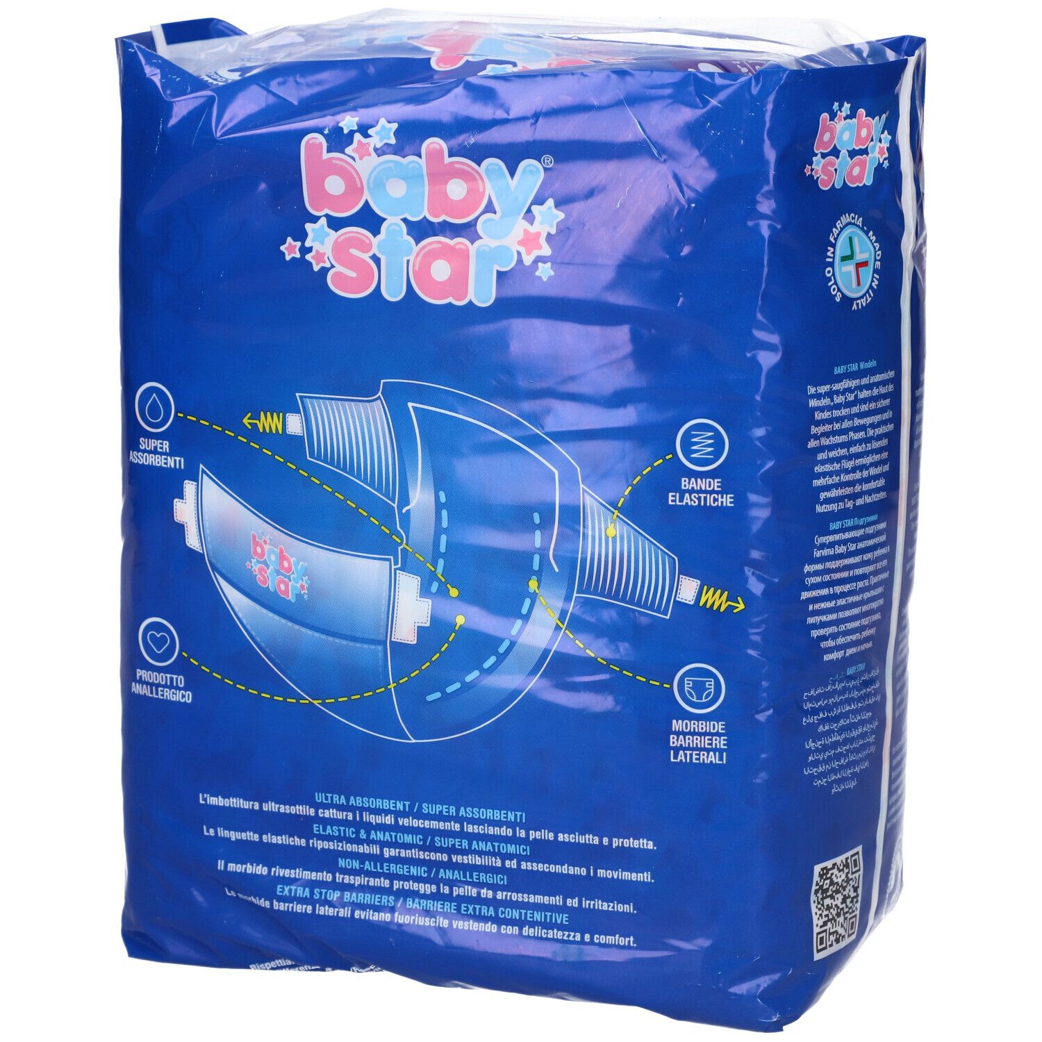 Retro di una confezione di pannolini Babystar blu. Diagramma delle caratteristiche del pannolino. Scritta: Babystar, Superabsorbent.