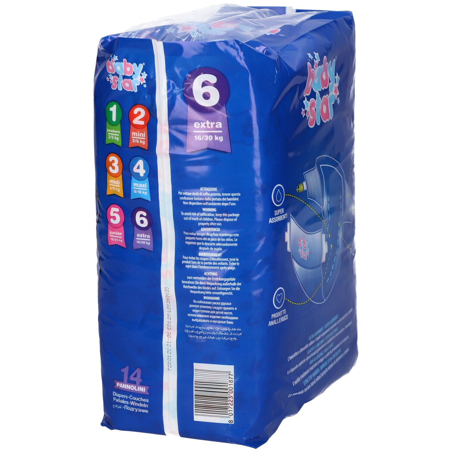 Confezione di pannolini Babystar blu. Indicazioni taglie 1-6. Scritta: Babystar, Extra, 16/30 kg, 14 pezzi.