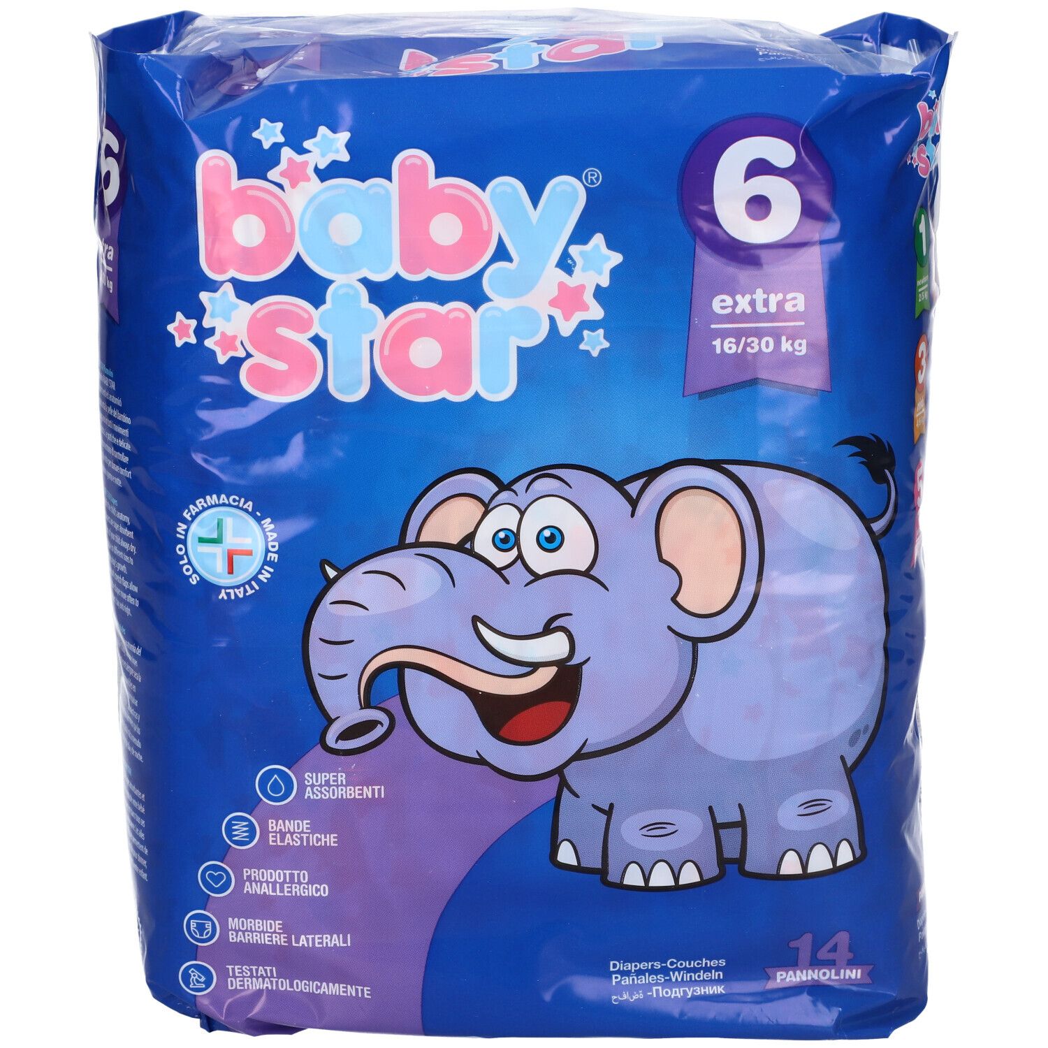 Confezione di pannolini Babystar blu. Taglia 6, 16/30 kg. Illustrazione di elefante. Scritta: Babystar, Extra, 14 pezzi.