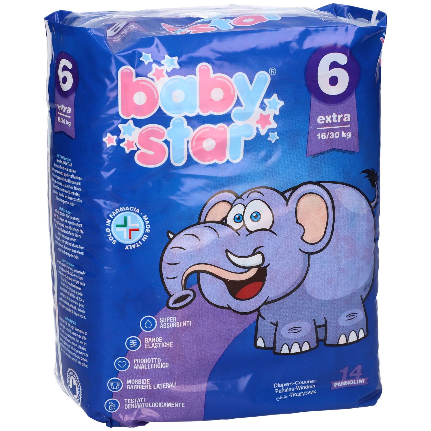 Confezione di pannolini Babystar blu. Taglia 6, 16/30 kg. Illustrazione di elefante. Scritta: Babystar, Extra, 14 pezzi.
