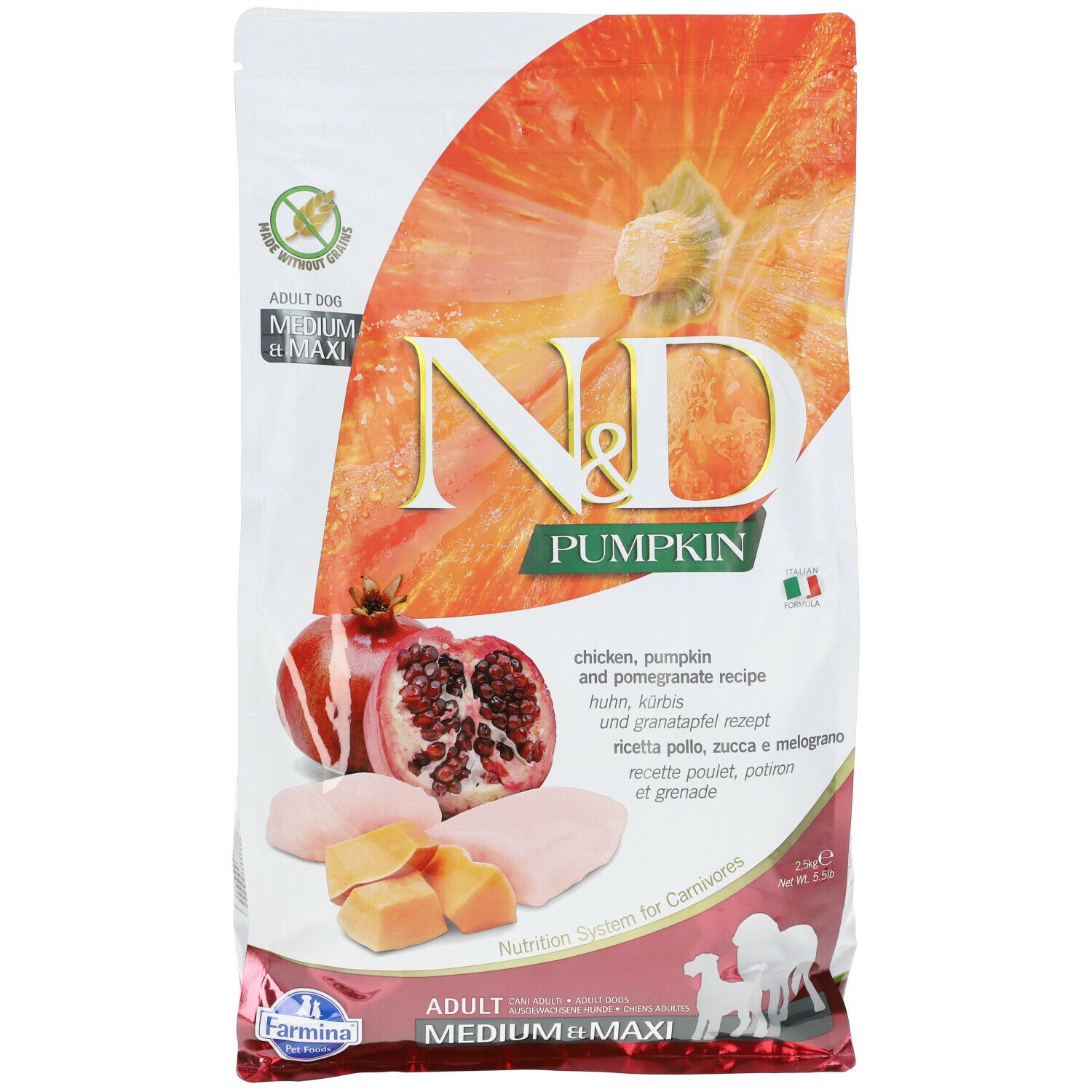Confezione di crocchette N&D Pumpkin per cani. Contiene pollo, zucca e melograno. Medium & Maxi.