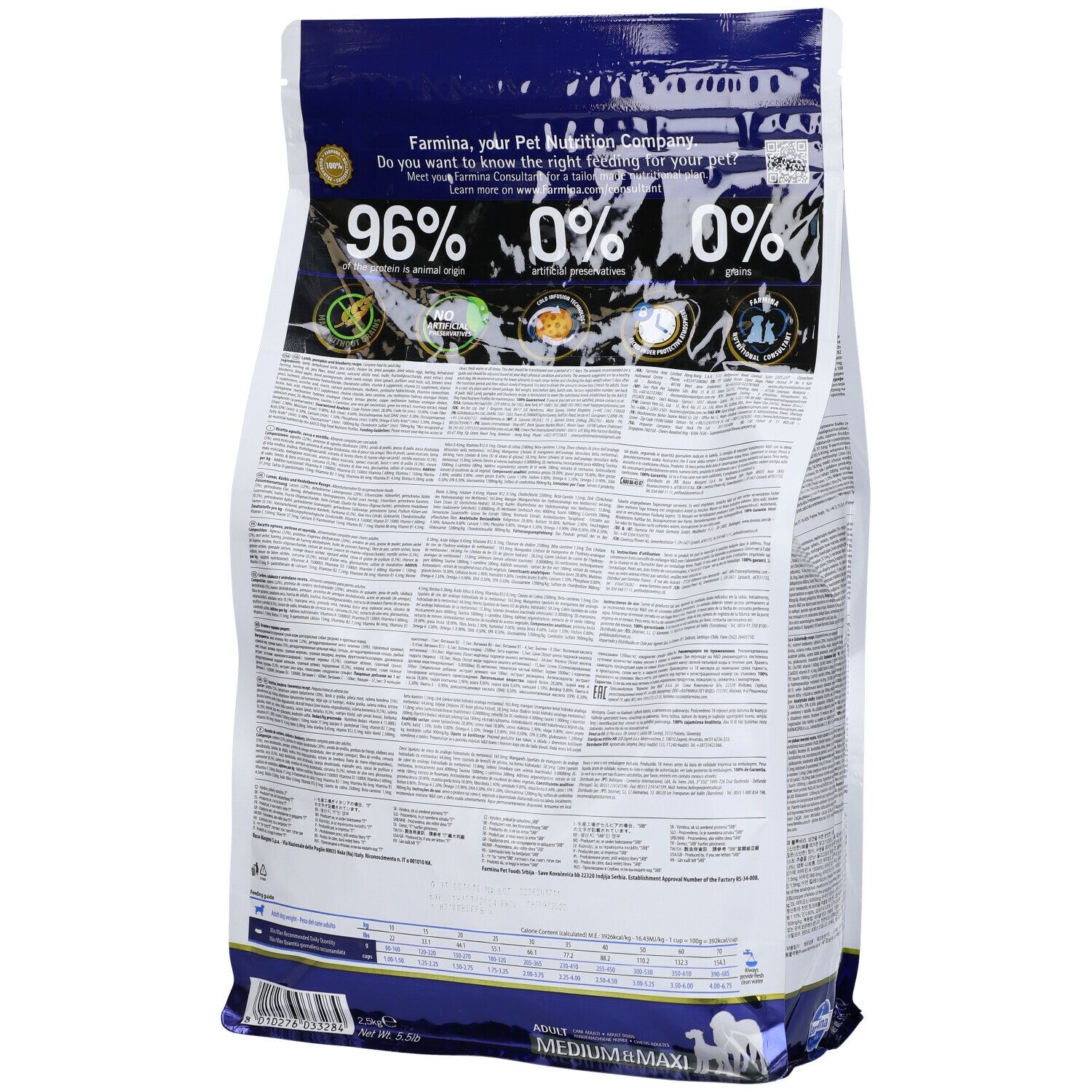 Retro del sacchetto di cibo secco. Informazioni testuali e loghi. Percentuali: 96%, 0%, 0%.