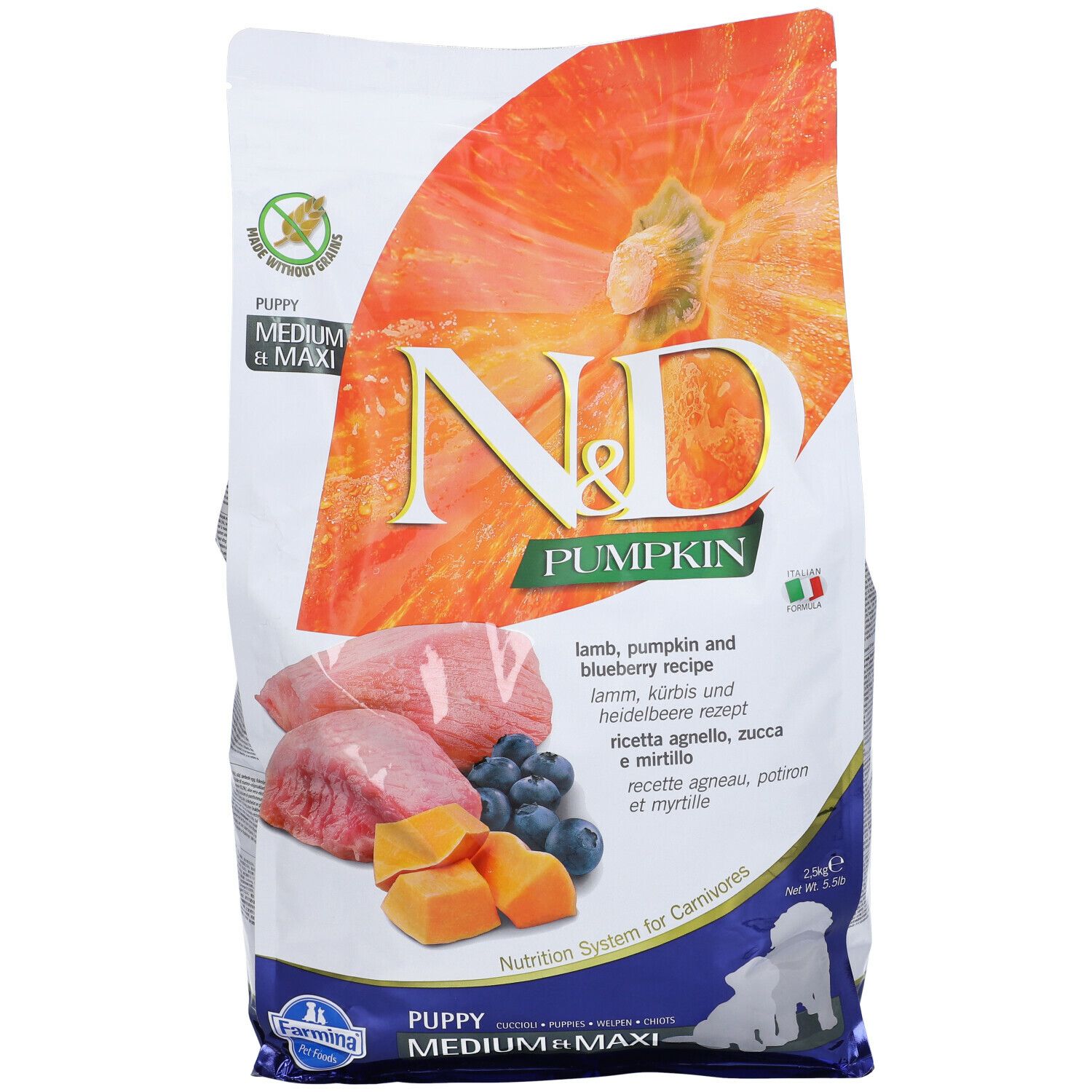 Confezione di cibo secco. Scritta: N&D Pumpkin, agnello, zucca, mirtillo. Immagine di agnello, zucca e mirtilli.
