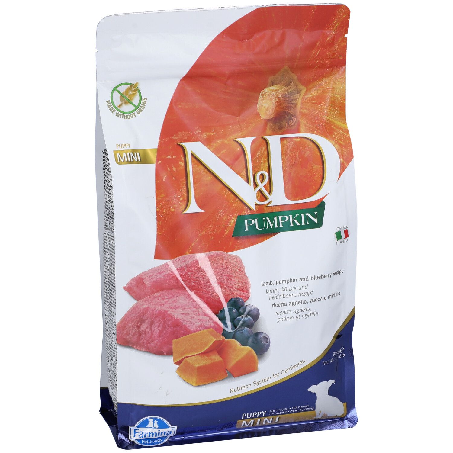 Confezione di cibo secco. N&D Pumpkin, Mini, per cuccioli. Immagine di agnello, zucca e mirtilli. Bandiera italiana.