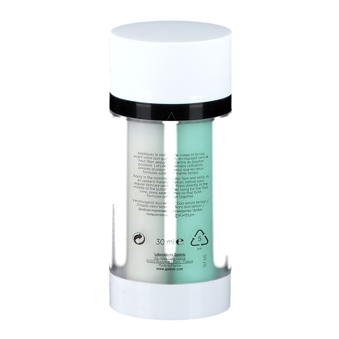 Retro del flacone siero. Due scomparti: verde e bianco. Testo e simboli. 30 ml. Logo GALENIC. Istruzioni multilingue.