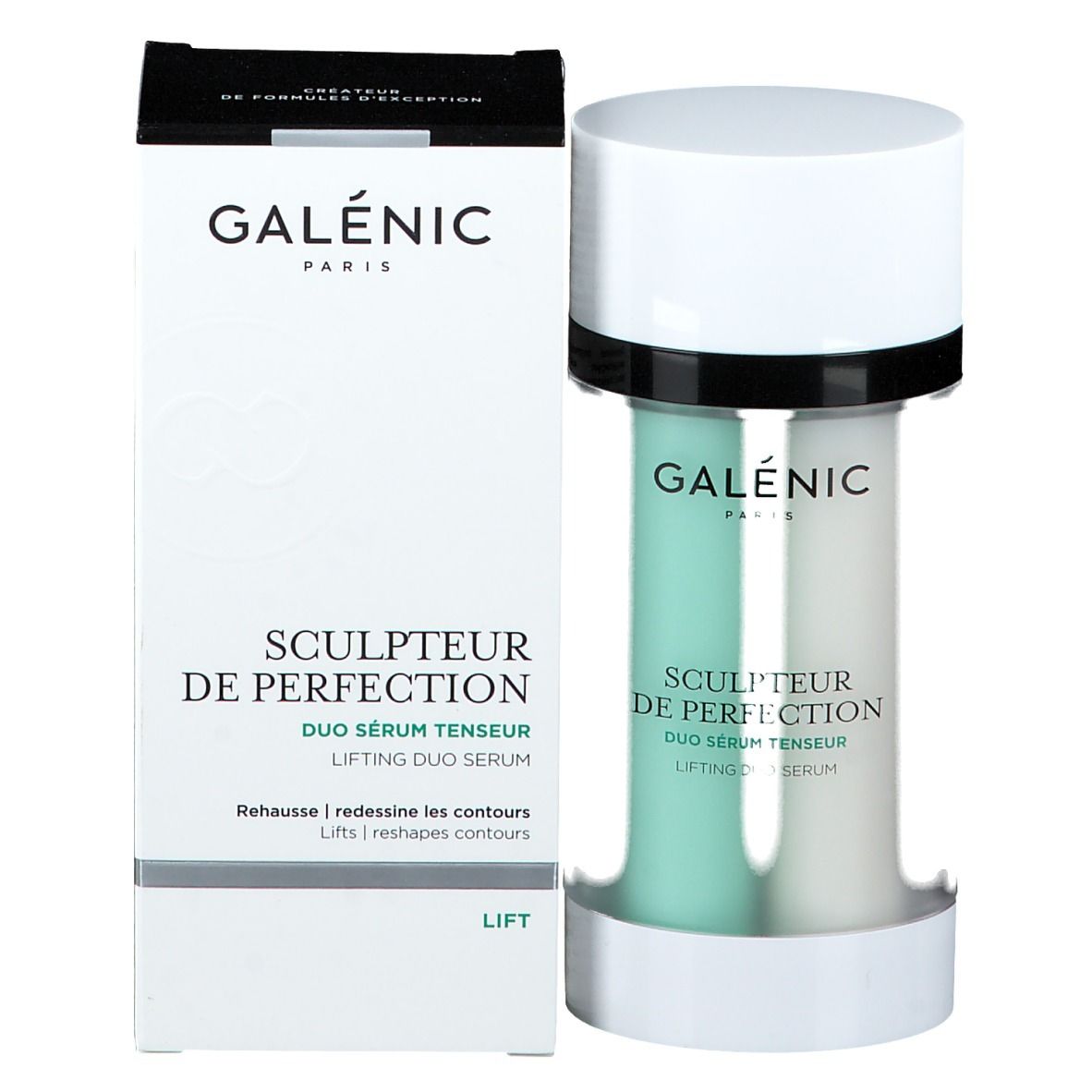 Confezione del prodotto e flacone siero. Confezione: bianca, nera. Testo: GALENIC, SCULPTEUR DE PERFECTION, DUO SERUM TENSEUR. Flacone: verde, bianco.