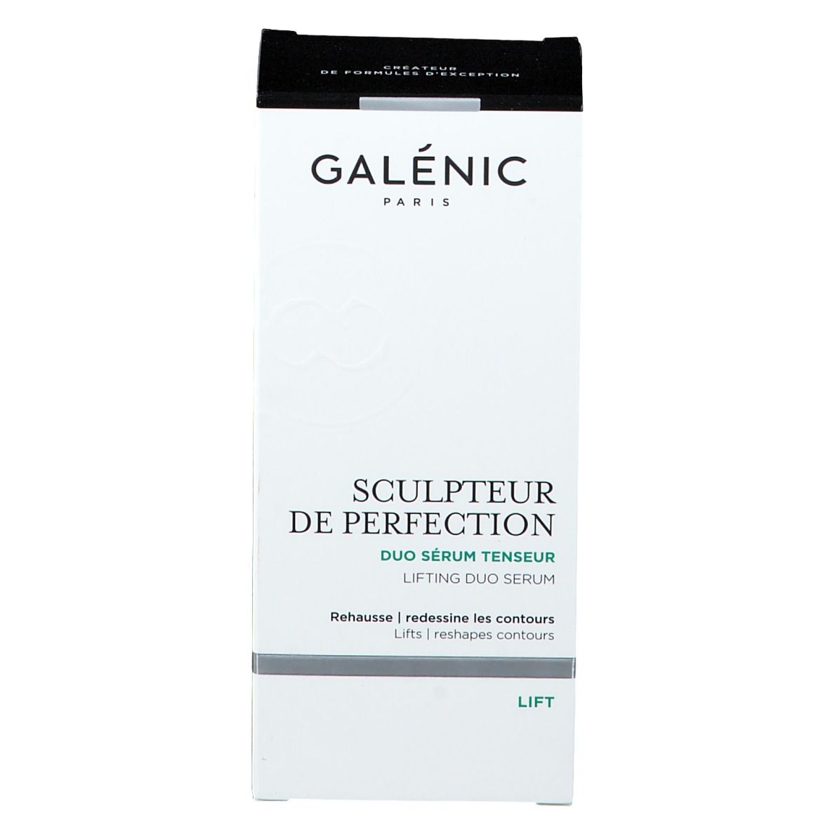 Confezione del prodotto. Bianca, nera. Testo: GALENIC, SCULPTEUR DE PERFECTION, DUO SERUM TENSEUR. Simbolo Lift.