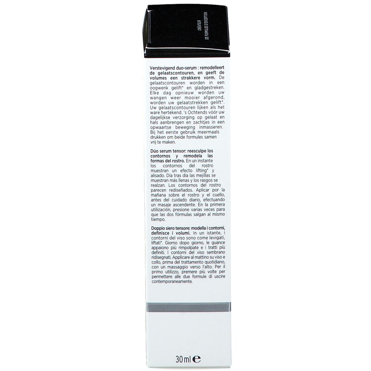 Retro della confezione del prodotto. Testo multilingue. Contiene informazioni sul prodotto. 30 ml. Coperchio nero.