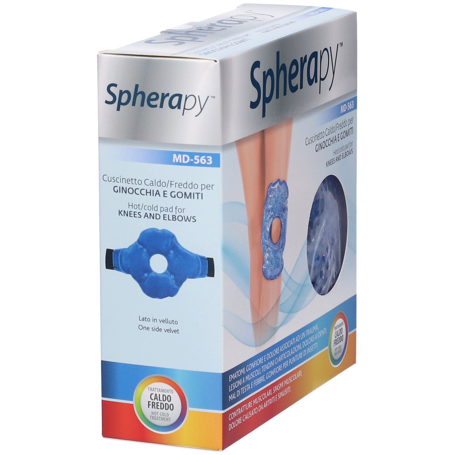 Confezione angolata. Cuscinetto gel blu per ginocchia e gomiti. Testo: Spherapy, MD-563. Con immagine del prodotto.
