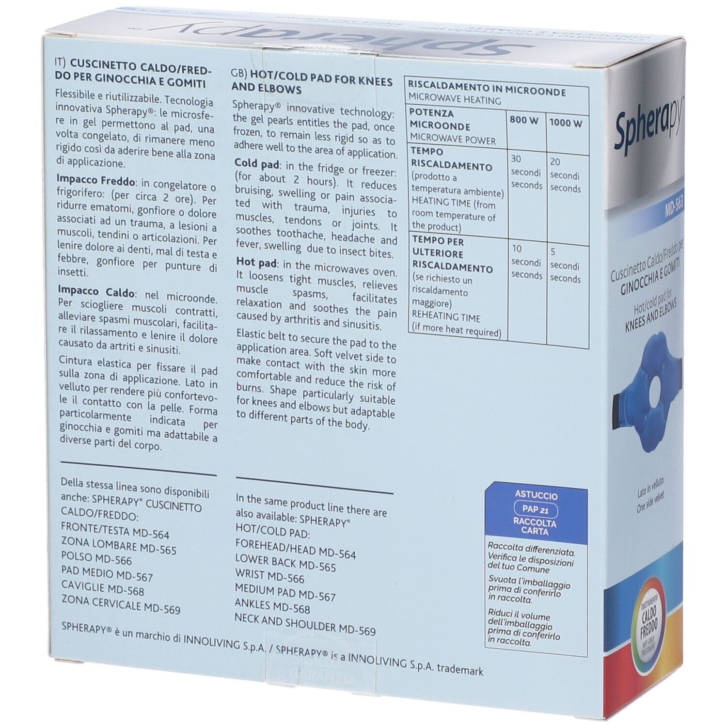 Retro della confezione. Testo: istruzioni per l'uso, ingredienti, informazioni del produttore. Prodotto: cuscinetto gel per ginocchia e gomiti.
