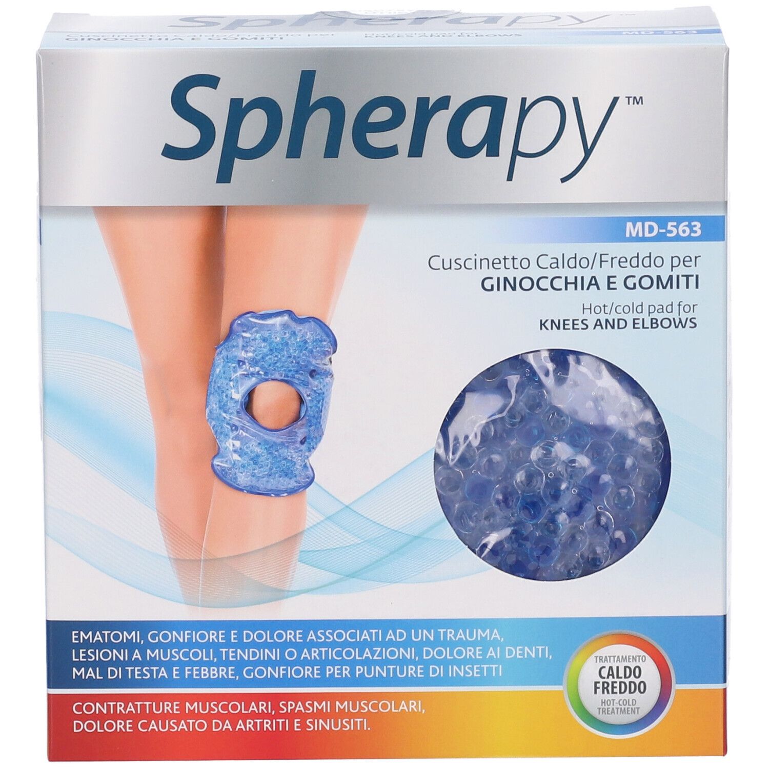 Confezione con immagine del prodotto. Cuscinetto gel blu per ginocchia e gomiti. Testo: Spherapy, MD-563.