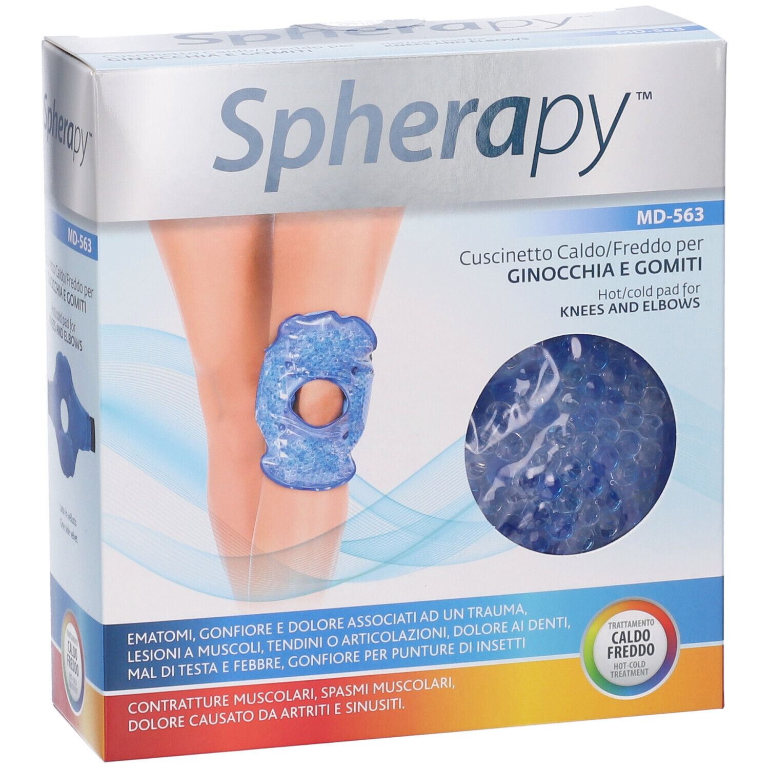 Confezione con immagine del prodotto. Cuscinetto gel blu per ginocchia e gomiti. Testo: Spherapy, MD-563.