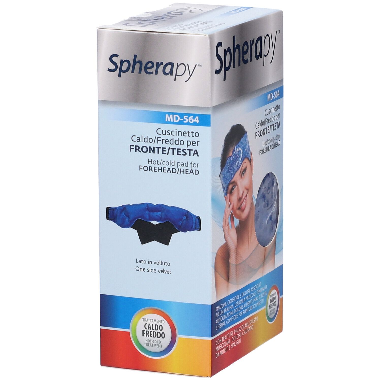 Confezione Spherapy MD-564. Cuscinetto caldo/freddo per fronte/testa. Immagine prodotto e donna con cuscinetto.
