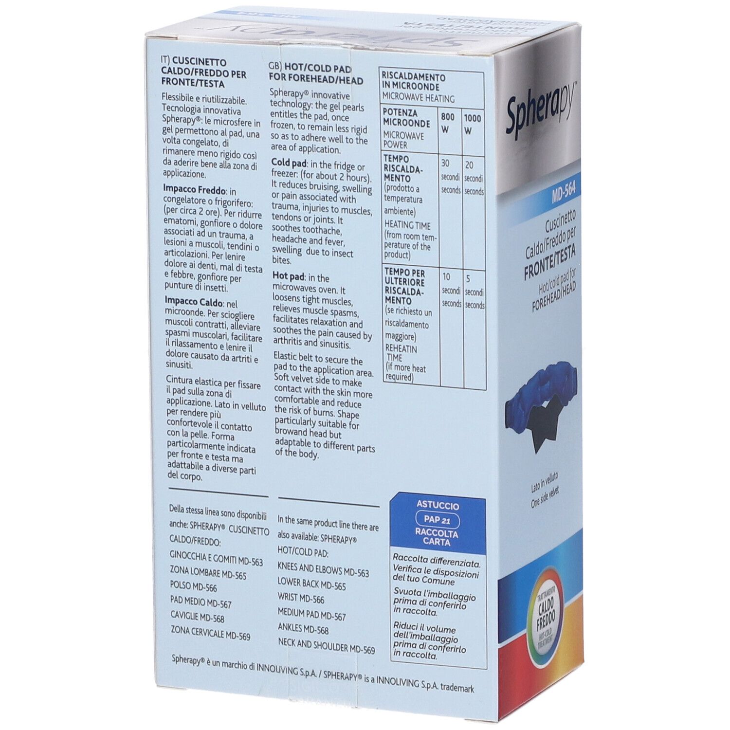 Retro confezione Spherapy MD-564. Informazioni su uso e ingredienti. Certificazione CE.