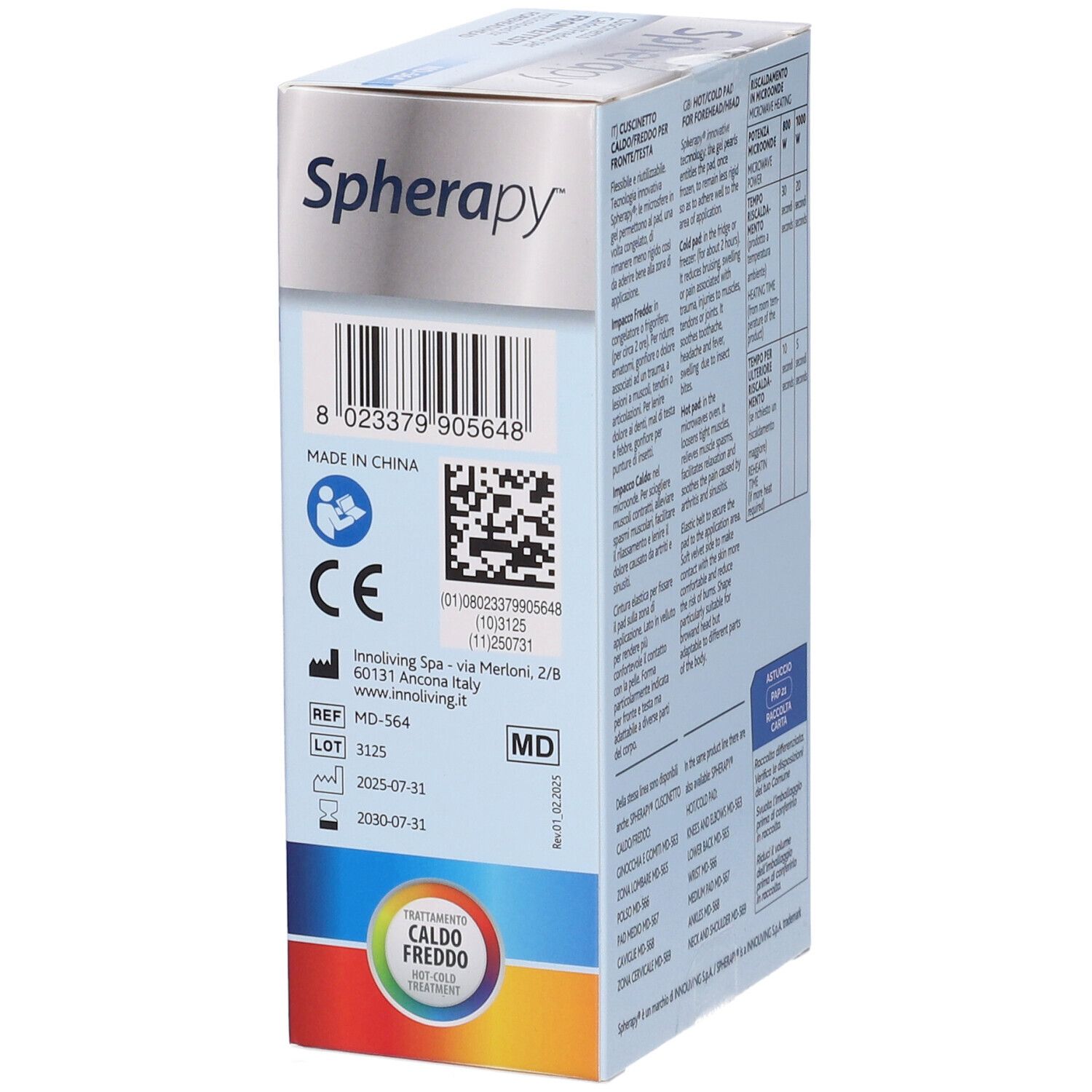 Confezione Spherapy MD-564. Informazioni produttore, numero di lotto, scadenza e certificazione CE.