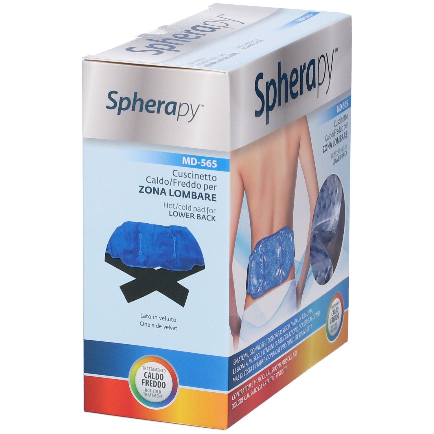 Confezione SPHERAPY, MD-565, cuscino caldo/freddo per zona lombare. Immagine del prodotto e fascia nera. Testo italiano.