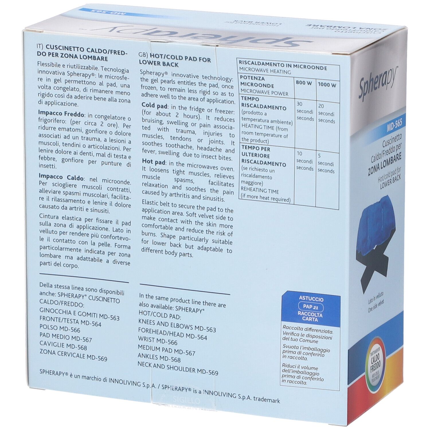 Retro della confezione. Testo: SPHERAPY, MD-565, cuscino caldo/freddo per zona lombare. Istruzioni e ingredienti.