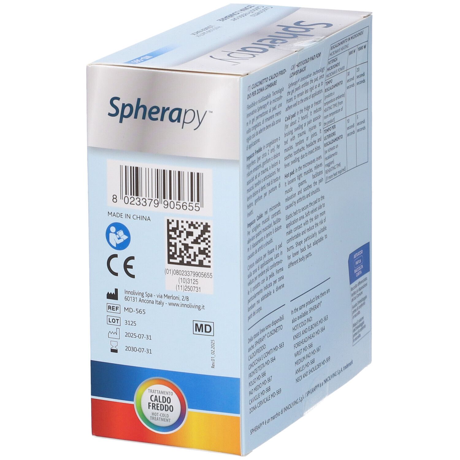 Retro della confezione. Testo: SPHERAPY, MD-565, cuscino caldo/freddo per zona lombare. Marchio CE, codice a barre, lotto.