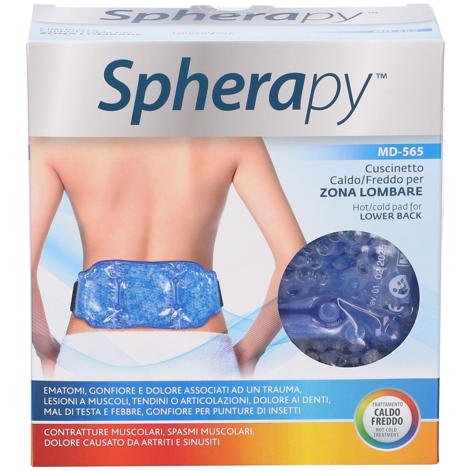 Confezione SPHERAPY, MD-565, cuscino caldo/freddo per zona lombare. Immagine del prodotto. Marchio CE.