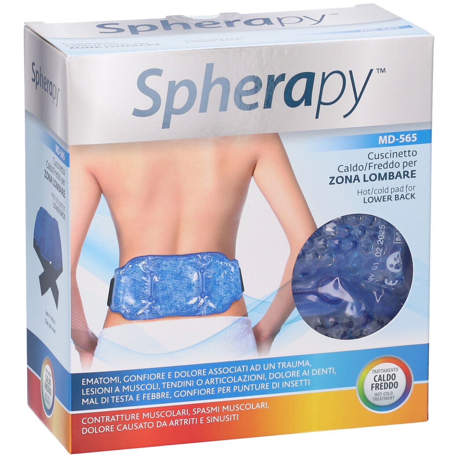 Confezione SPHERAPY, MD-565, cuscino caldo/freddo per zona lombare. Immagine del prodotto. Marchio CE.