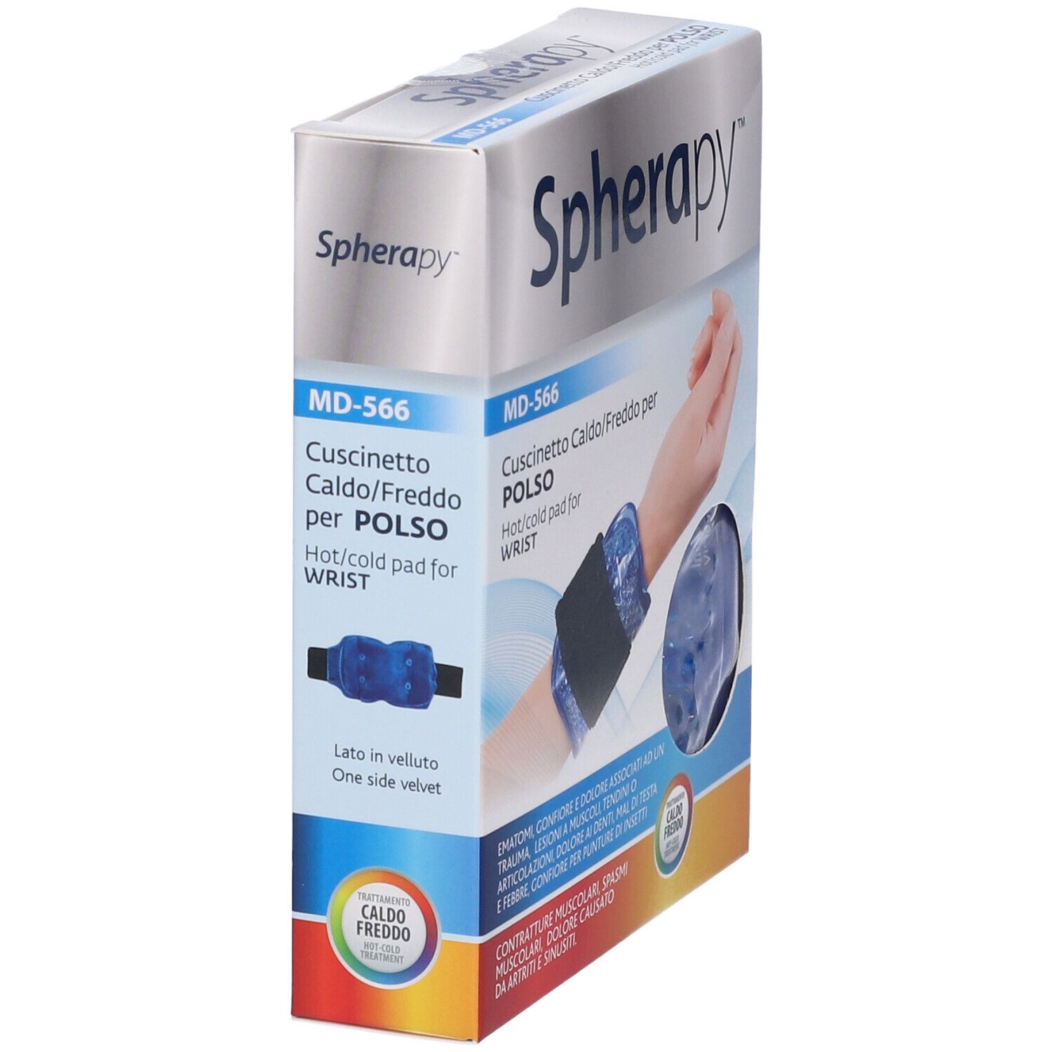 Confezione Spherapy Pad per polso. Immagine del prodotto. Testo: Caldo/Freddo per Polso. Lato con illustrazione.