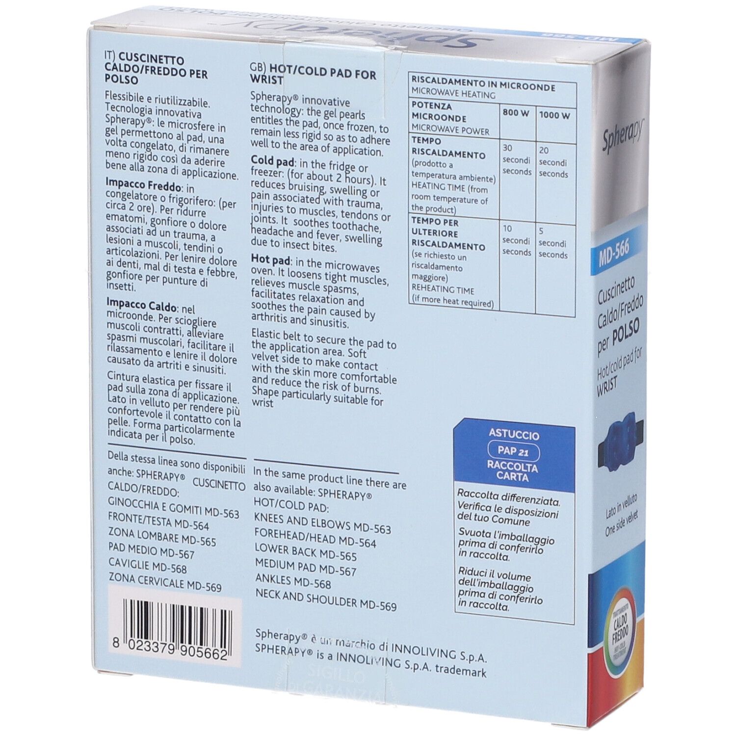 Retro della confezione Spherapy Pad. Testo: Caldo/Freddo per Polso. Informazioni sull'uso e ingredienti.