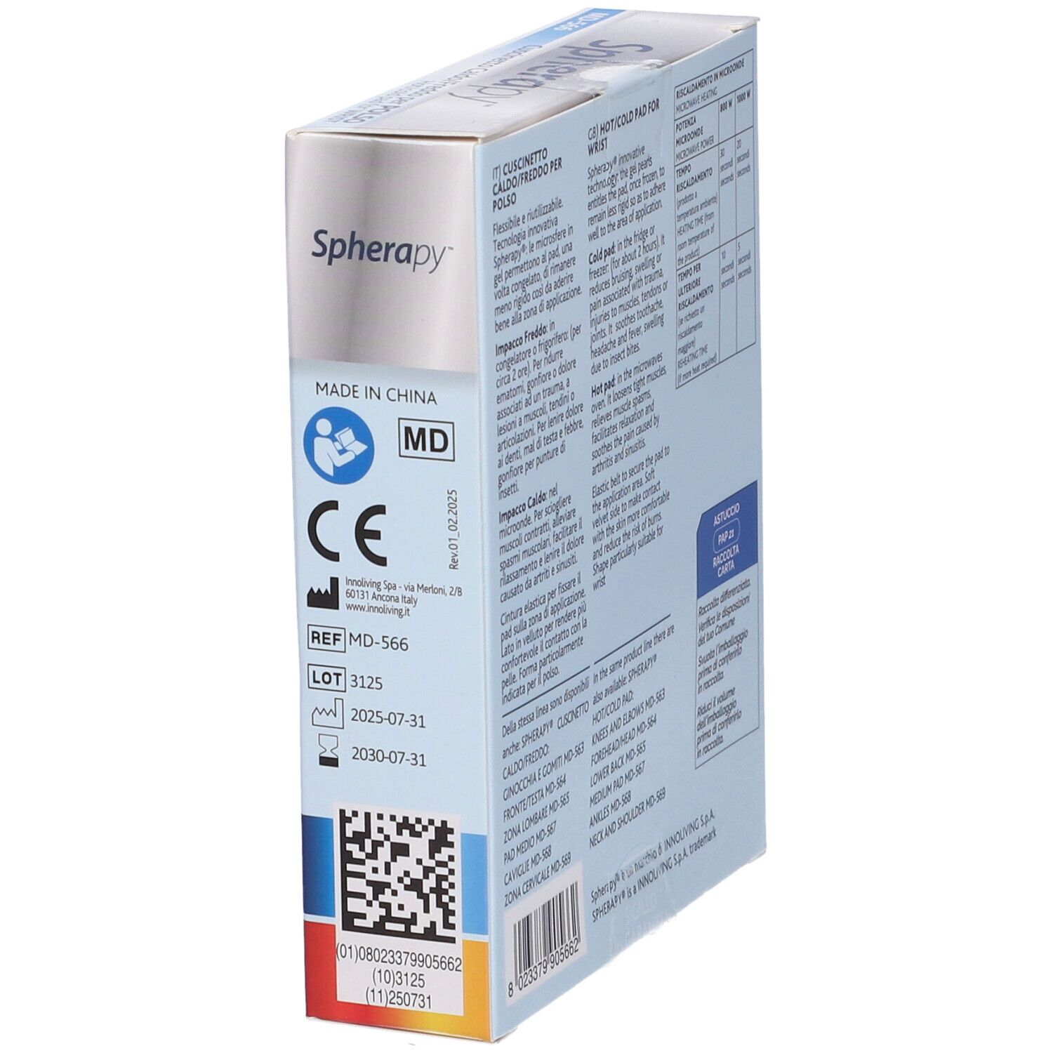 Lato della confezione Spherapy Pad. Testo: Caldo/Freddo per Polso. Informazioni sulla produzione e certificazioni.