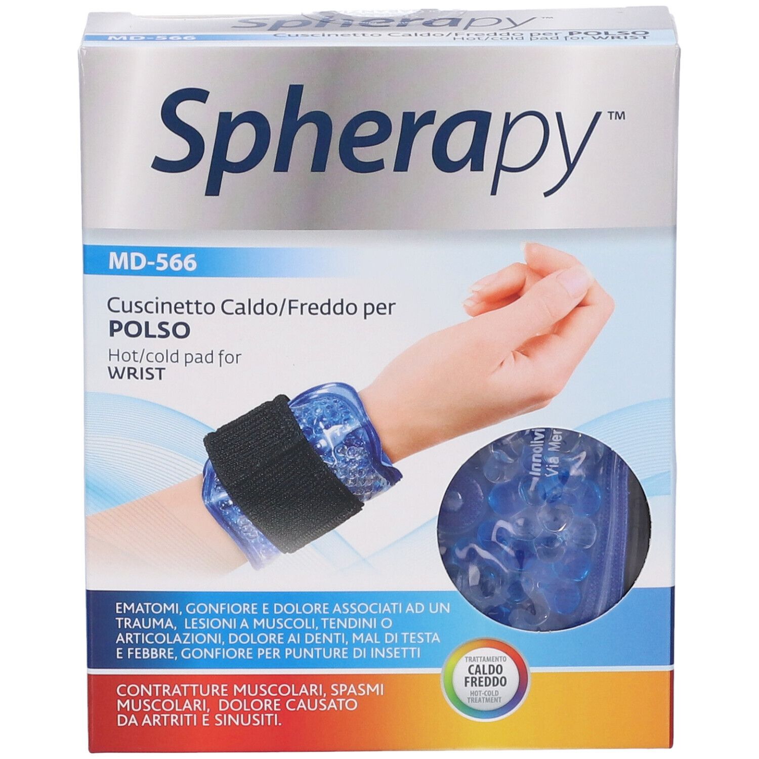 Confezione Spherapy Pad per polso. Immagine del prodotto sul polso. Testo: Caldo/Freddo per Polso. Logo Caldo/Freddo.