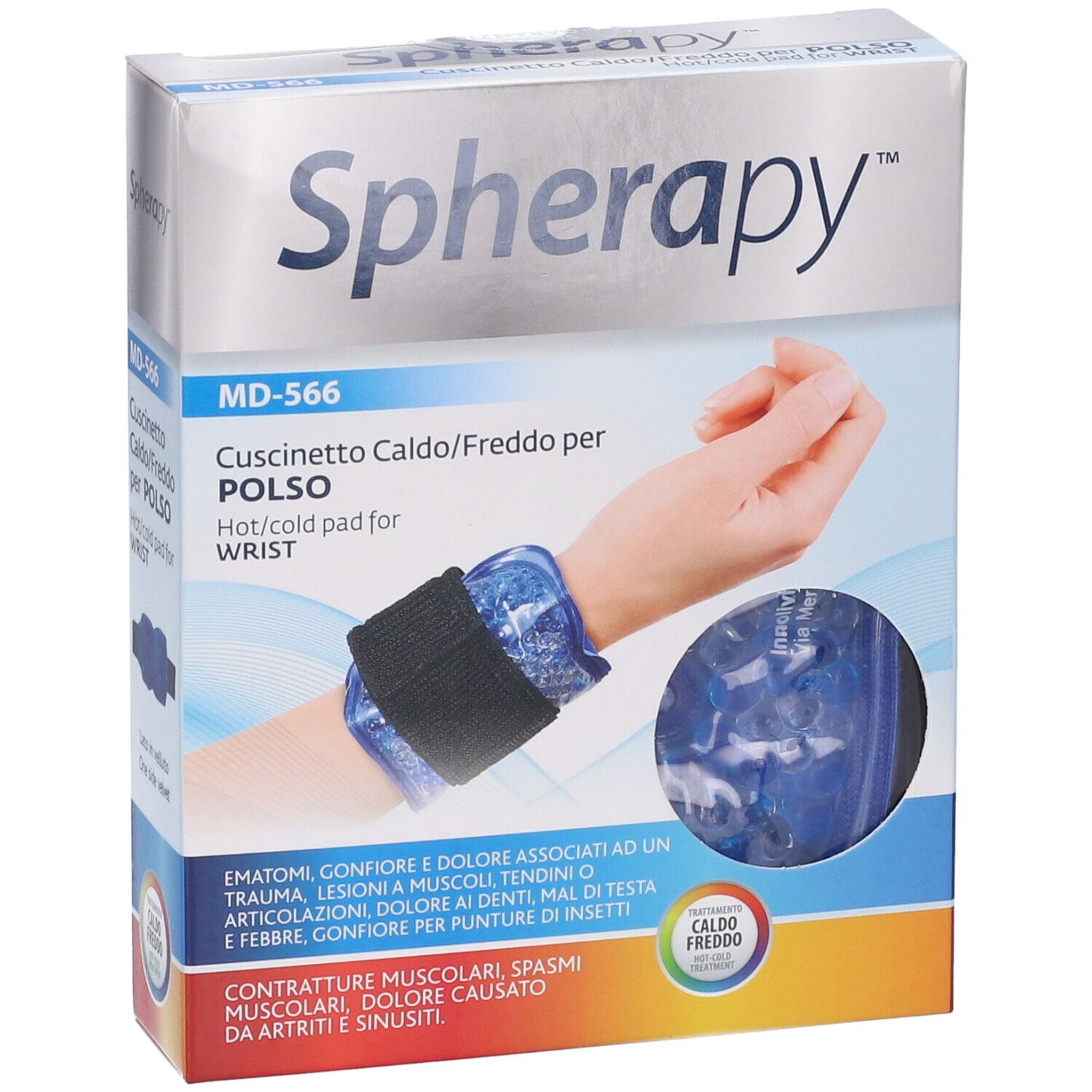 Confezione Spherapy Pad per polso. Immagine del prodotto sul polso. Testo: Caldo/Freddo per Polso. Logo Caldo/Freddo.