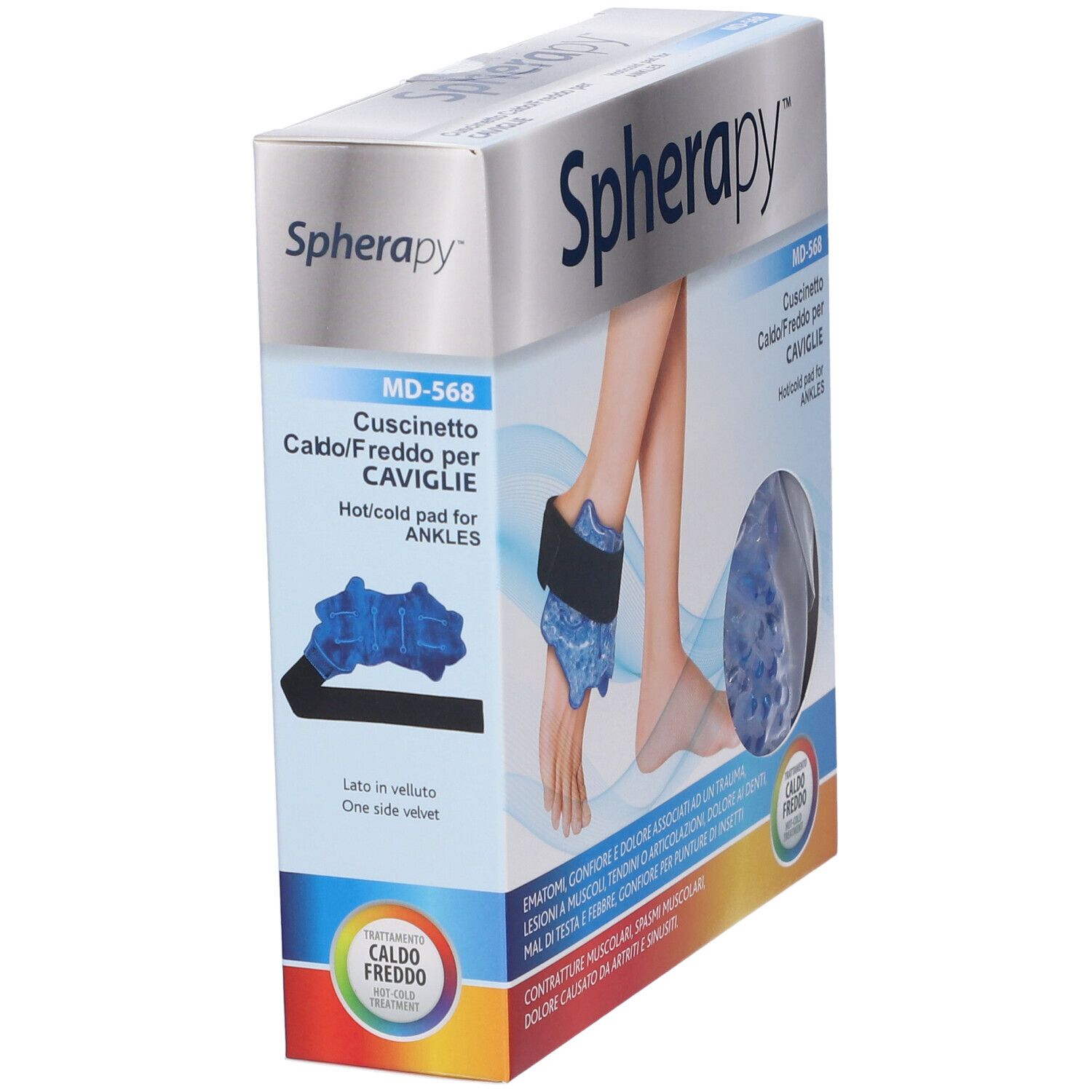 Scatola Spherapy Pad Caldo/Freddo per Caviglia. Vista prodotto con cuscinetto gel blu e fascia nera. Marchio.