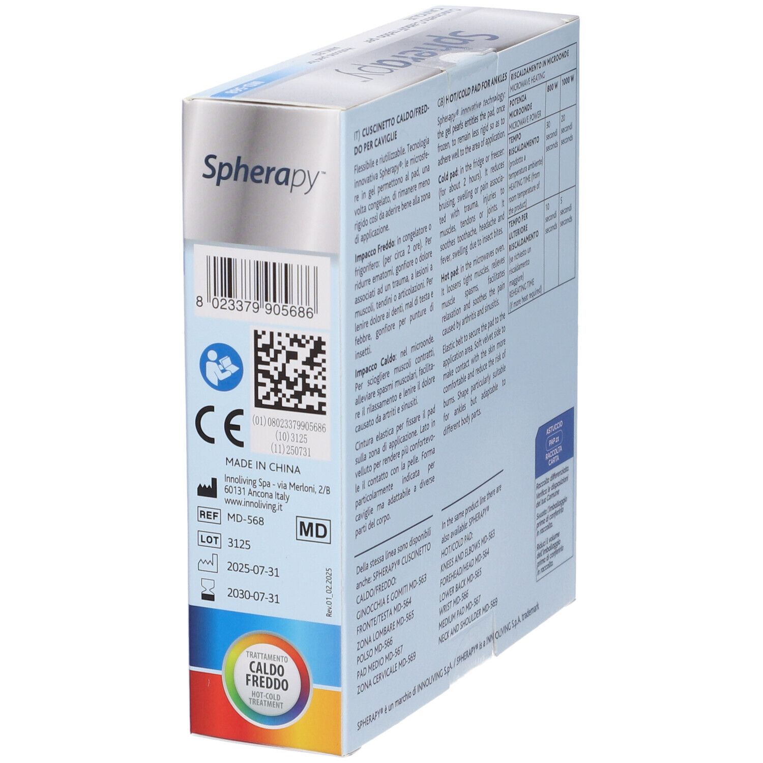 Confezione Spherapy Pad Caldo/Freddo per Caviglia. Marchio CE, codice a barre e informazioni prodotto. Made in China.