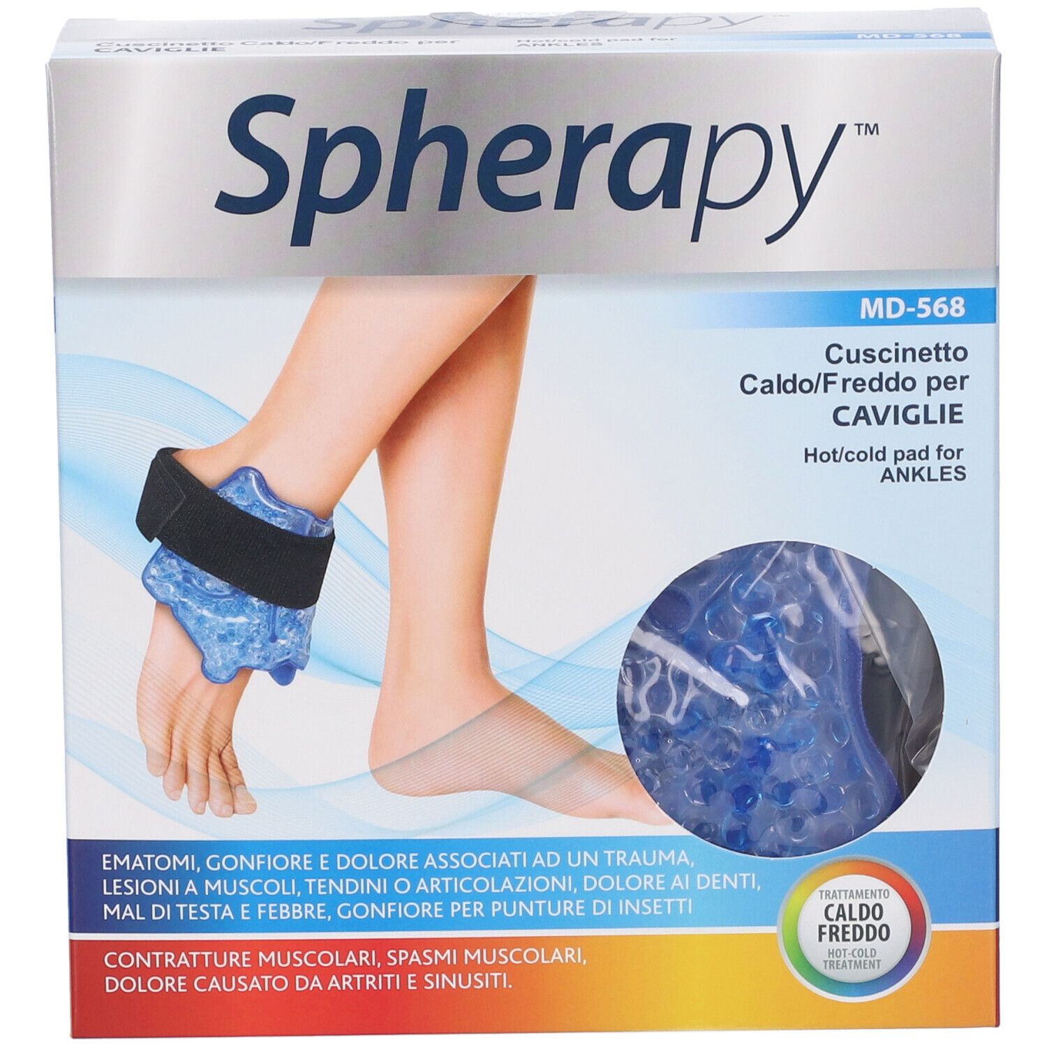 Confezione Spherapy Pad Caldo/Freddo per Caviglia. Cuscinetto gel blu, fascia nera. Marchio e certificazione CE.