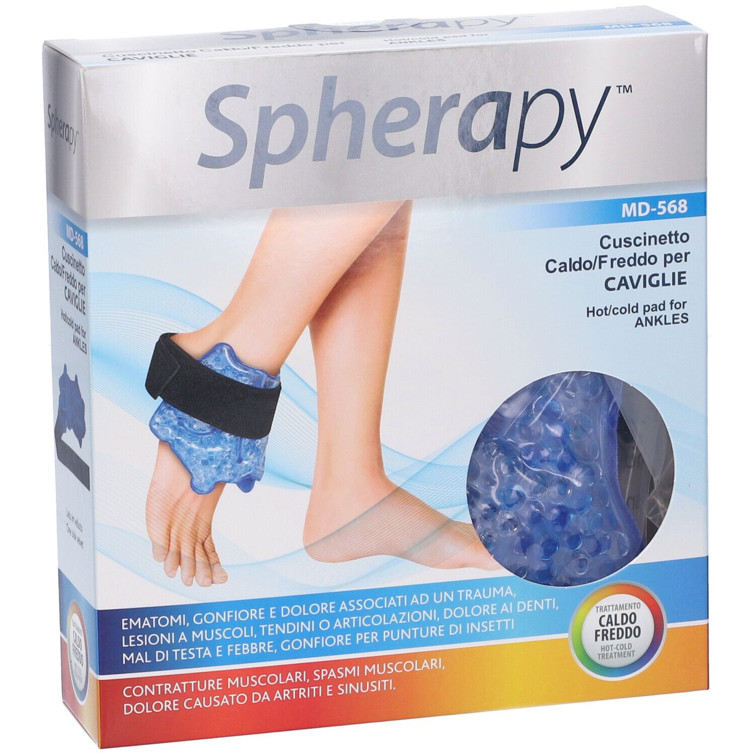 Confezione Spherapy Pad Caldo/Freddo per Caviglia. Cuscinetto gel blu, fascia nera. Marchio e certificazione CE.
