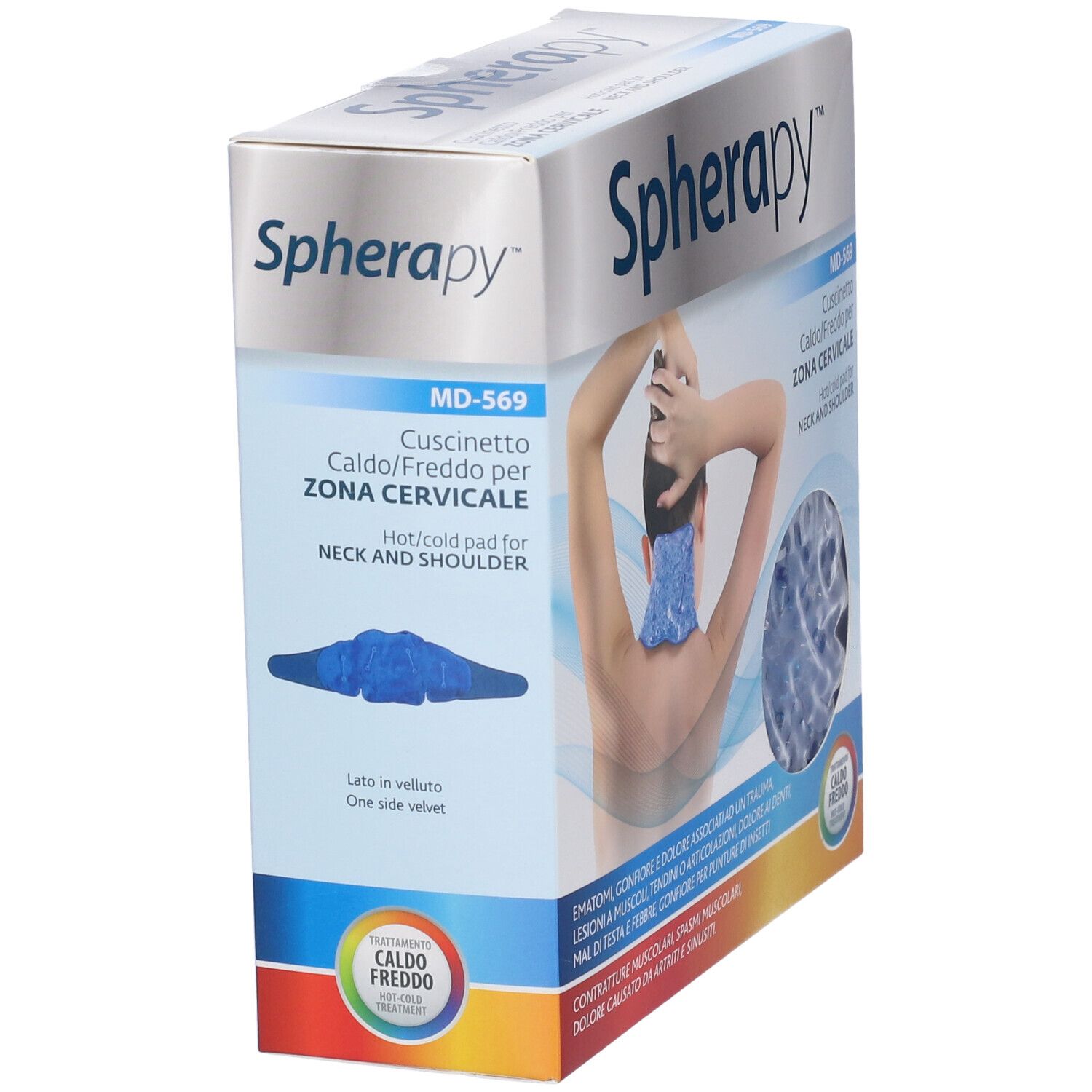 Confezione Spherapy, MD-569, cuscinetto caldo/freddo per zona cervicale. Lato in velluto. Immagine del prodotto.