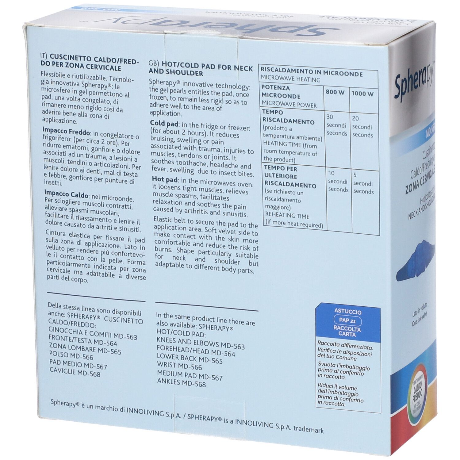 Retro della confezione Spherapy. Testo: Cuscinetto Caldo/Freddo per Zona Cervicale. Istruzioni per l'uso e il riscaldamento.