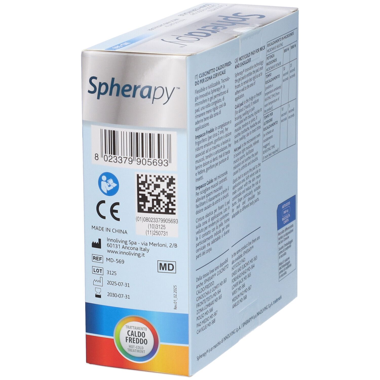 Lato della confezione Spherapy. Testo: Marchio CE, codice a barre, indirizzo del produttore. MD-569. Numero di lotto e scadenza.