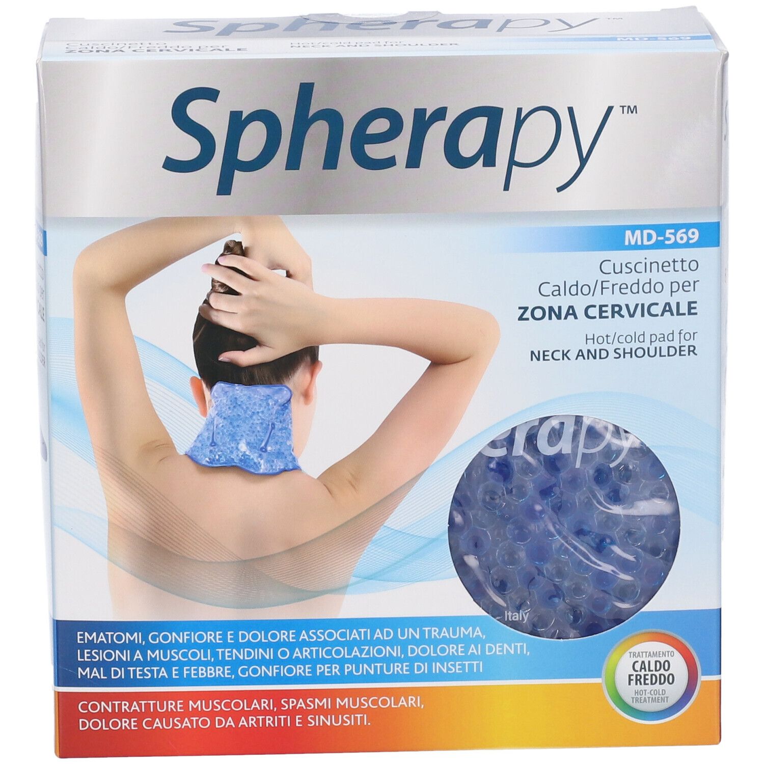 Confezione Spherapy, MD-569, cuscinetto caldo/freddo per zona cervicale. Immagine di prodotto e persona. Marchio CE.