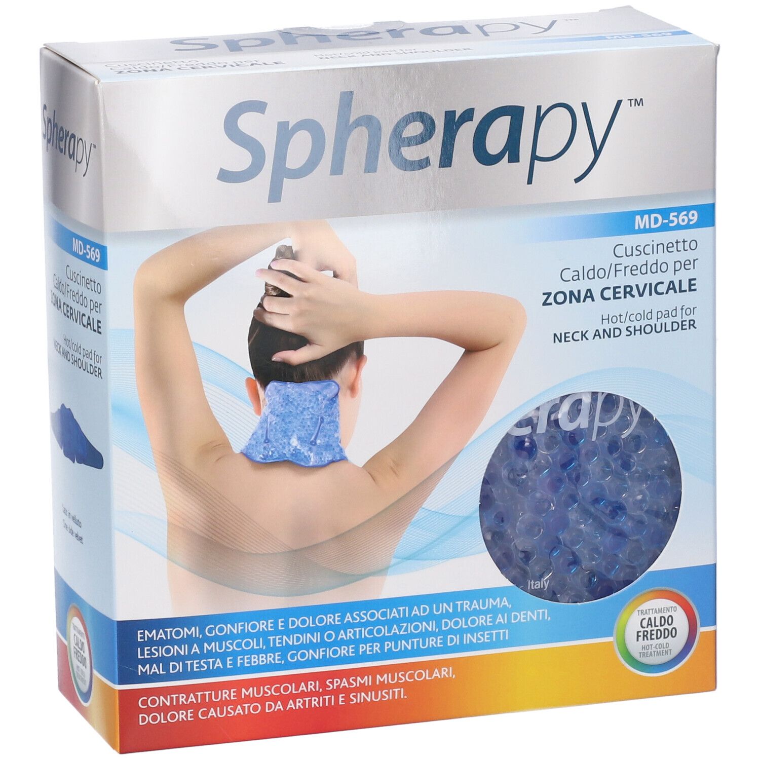 Confezione Spherapy, MD-569, cuscinetto caldo/freddo per zona cervicale. Immagine di prodotto e persona. Marchio CE.