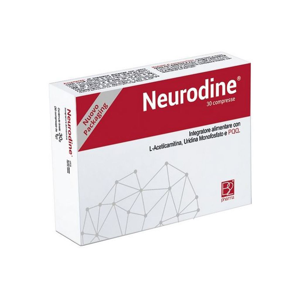 Scatola bianca e rossa. Scritta Neurodine, 30 compresse. Contiene L-Acetilcarnitina, Uridina Monofosfato e PQQ.