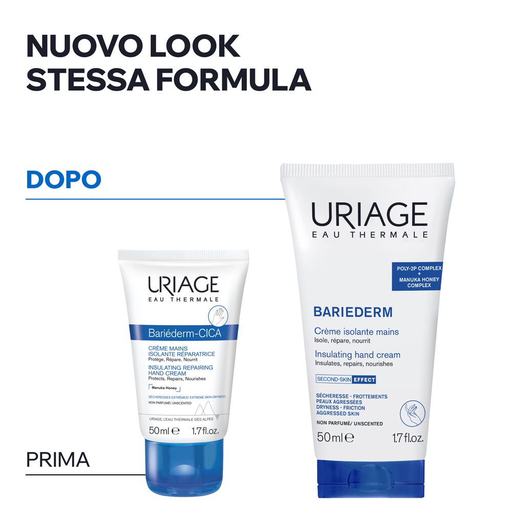Due tubi di crema mani Uriage BARIEDERM, uno con tappo blu e uno con tappo bianco.