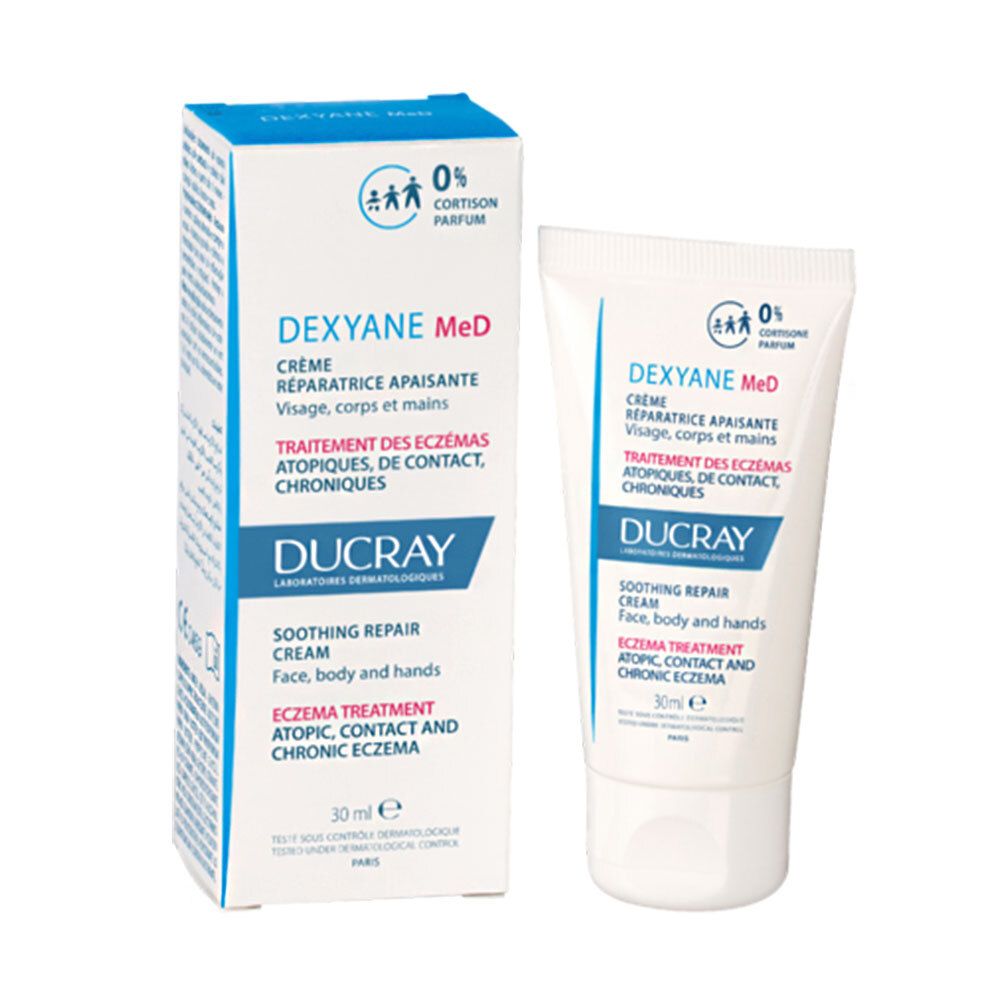 Confezione prodotto con tubo. Bianco e blu. 0% cortisone. Marchio Ducray. Per viso, corpo e mani.