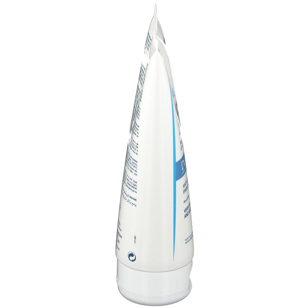 Vista laterale di un tubo bianco. Contiene testo. Stampe e simboli. Tappo e tubo sono bianchi.